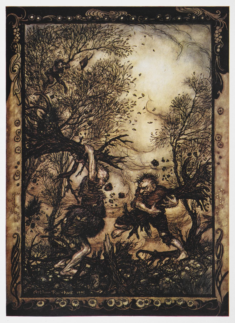 The Valiant Tailor'dan ağaçlarla savaşan iki devin çizimi. by Arthur Rackham