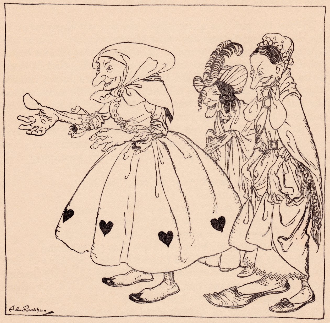 İçeriye son derece sade giyinmiş üç kadın girdi. Grimm'in Peri Masalı, Dönen Üç Kadın'dan Arthur Rackham'ın çizimi. by Arthur Rackham