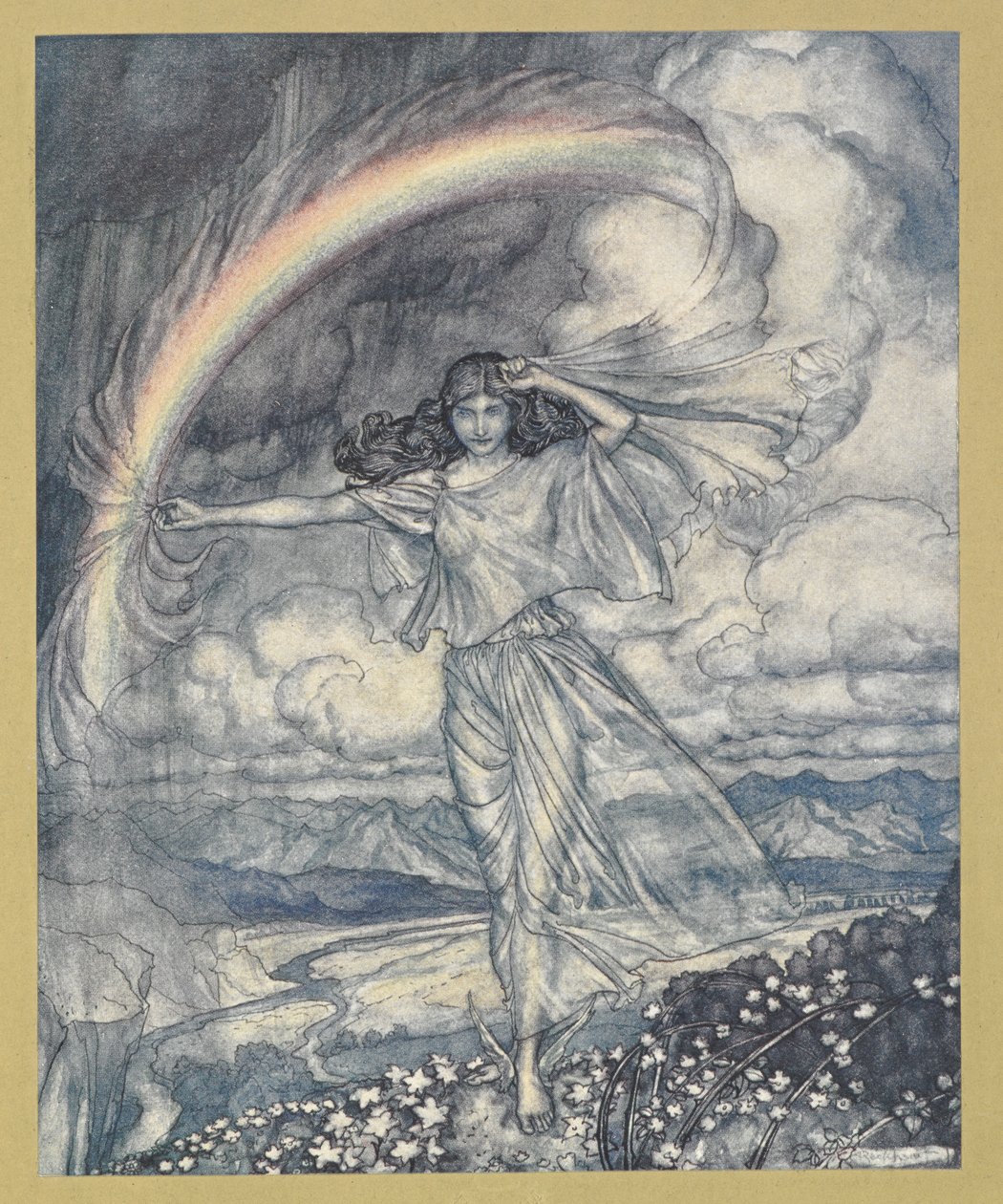 Iris orada, nemli yay ile'. by Arthur Rackham