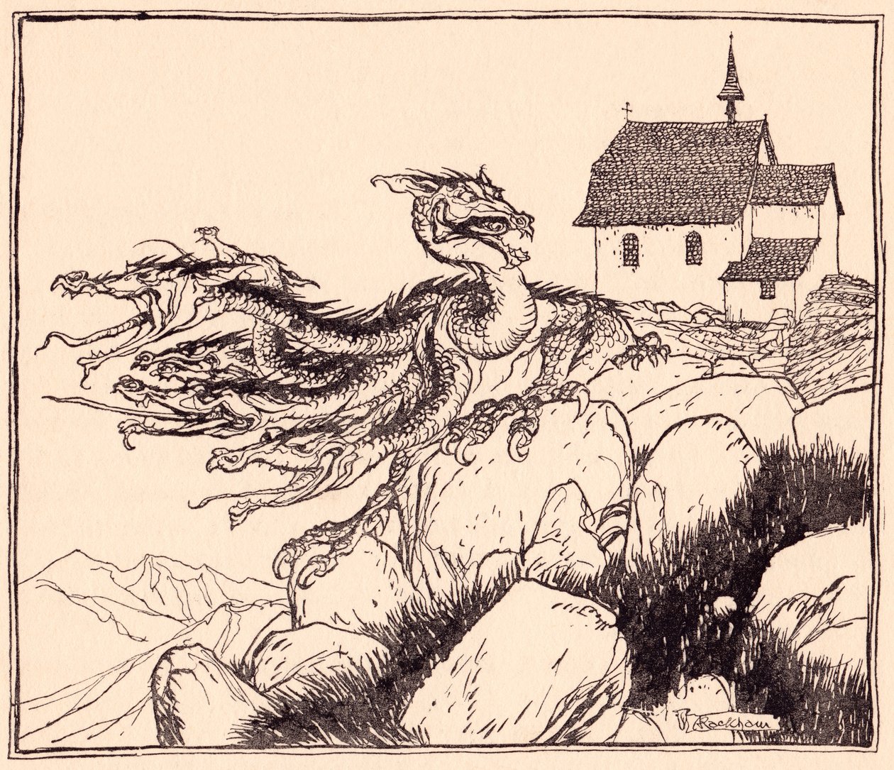Çok geçmeden yedi başlı ejderha yüksek sesle kükreyerek geldi. Grimm's Fairy Tale, The Two Brothers'tan Arthur Rackham'ın illüstrasyonu. by Arthur Rackham