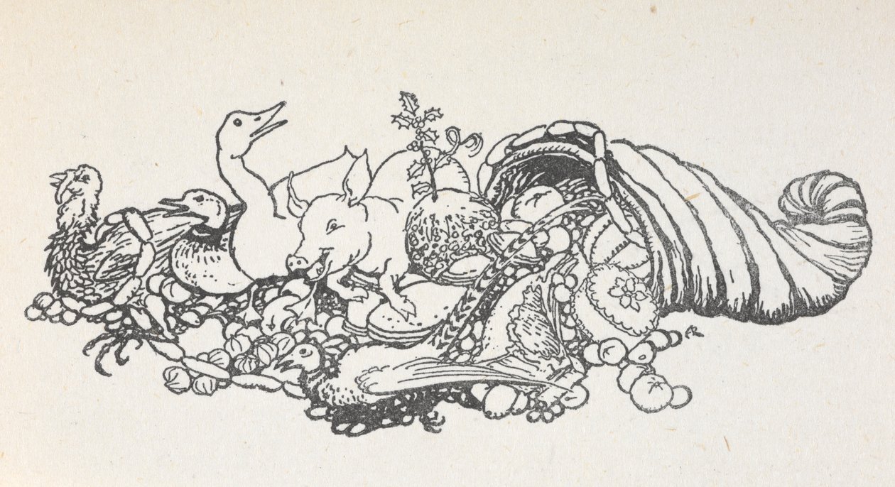 Boynuz şeklinden dökülen bir Noel ziyafetinden parçalar. Öğeler arasında Noel pudingi, sosisler, hindi, domuz, ördek, sülün, turta ve meyveler bulunur. by Arthur Rackham