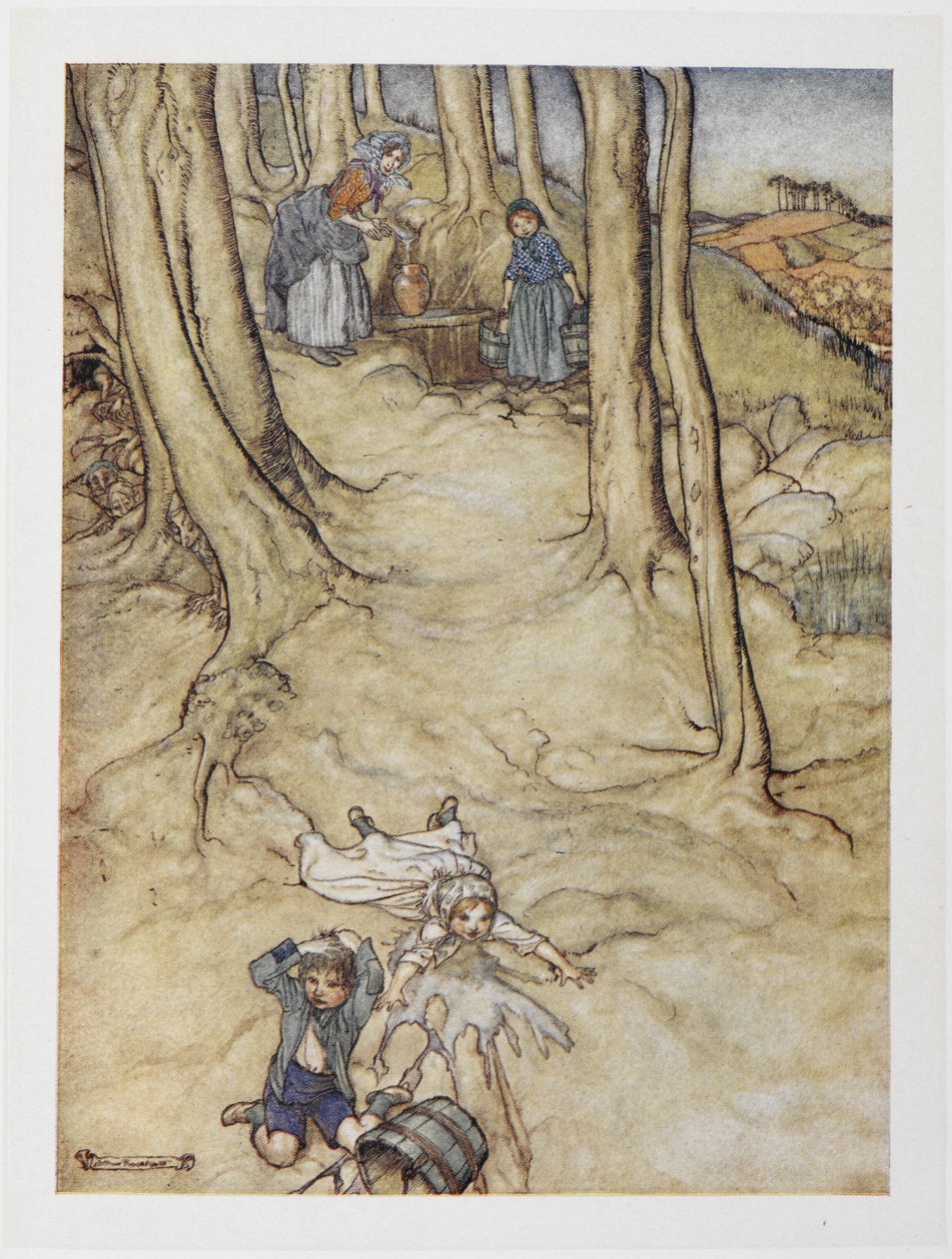 'Jack ve Jill'. İki çocuk bir tepeden aşağı düşer. Jack kafasını çarparken Jill bir kova su döker. by Arthur Rackham