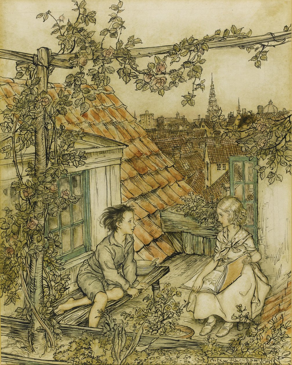 Kay ve Gerda, çatıda yüksek bahçelerinde. Kar Kraliçesi masalı için illüstrasyon, 18 by Arthur Rackham