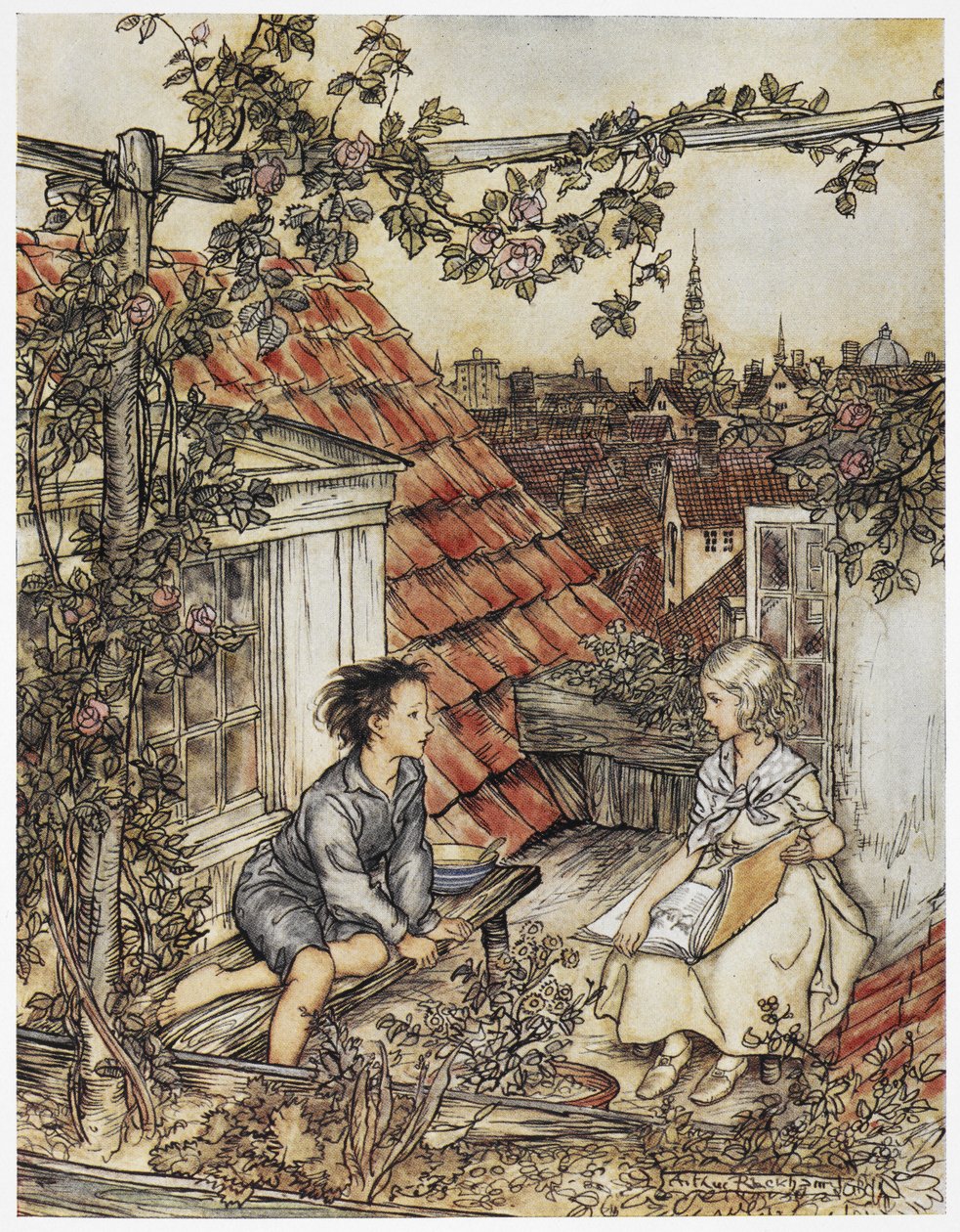 "Kay ve Gerda çatıdaki bahçelerinde". Bir evin çatısında oturan iki çocuk. "Küçük kız ve küçük oğlan" için resim. by Arthur Rackham
