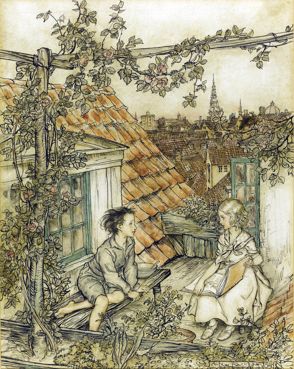 La Reine des neiges - Kay ve Gerda, çatıdaki bahçelerinde. Rackham, Arthur (1867-1939) adlı Kar Kraliçesi masalının illüstrasyonu by Arthur Rackham