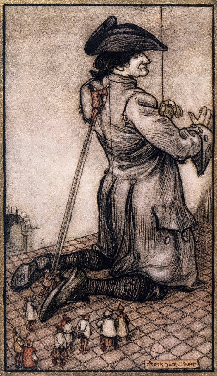 Gulliver'i ona yeni bir takım elbise yapmak için ölçen küçük terziler, Arthur Rackham'ın (1867-1939) çizimi, Jonathan Swift'in (Dublin) Gulliver'in Seyahatleri'nden by Arthur Rackham