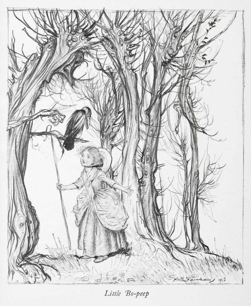 Ormanda bir kuşla küçük Bo-peep. by Arthur Rackham