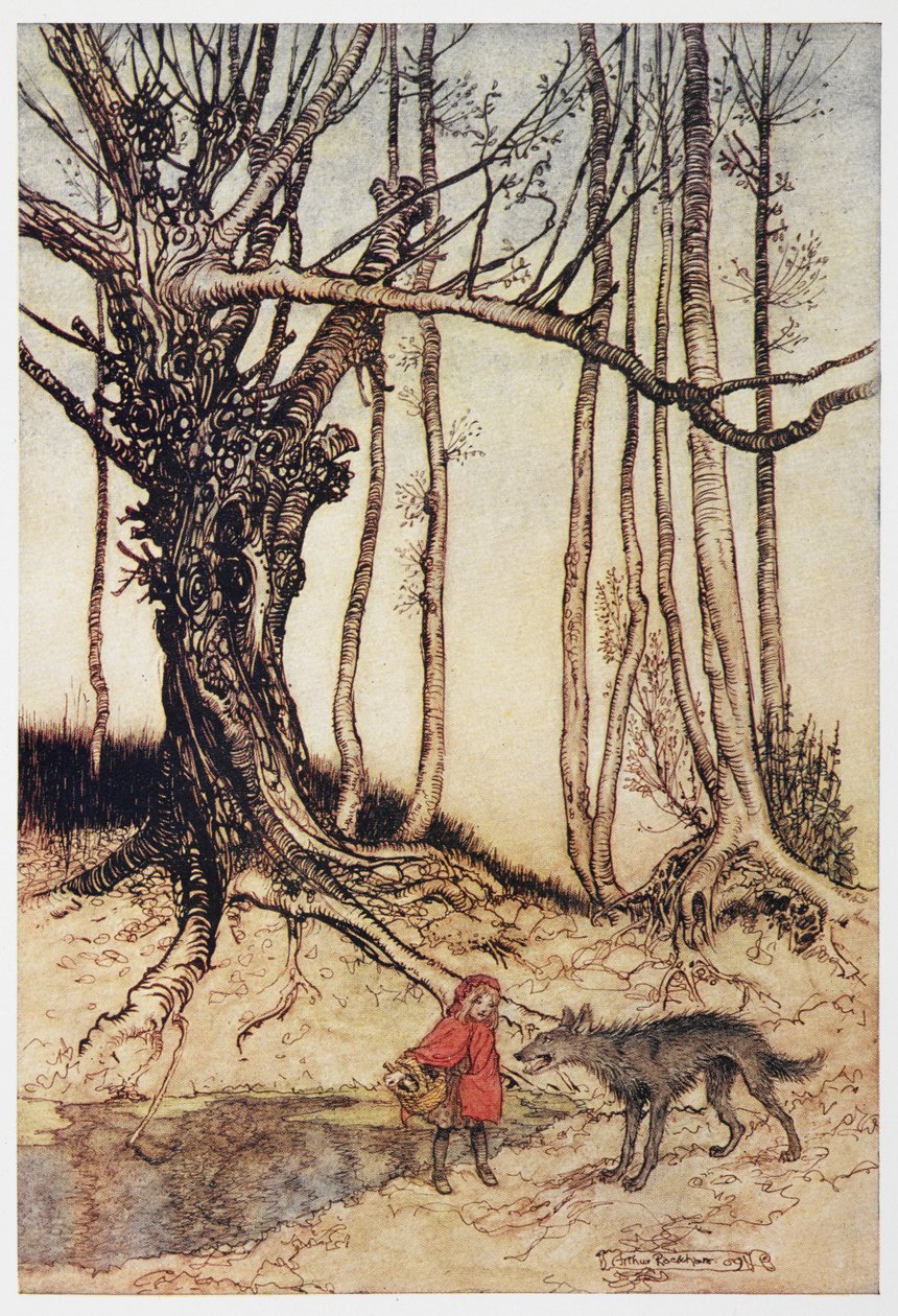 Kırmızı Başlıklı Kız ve ormandaki kurt. by Arthur Rackham