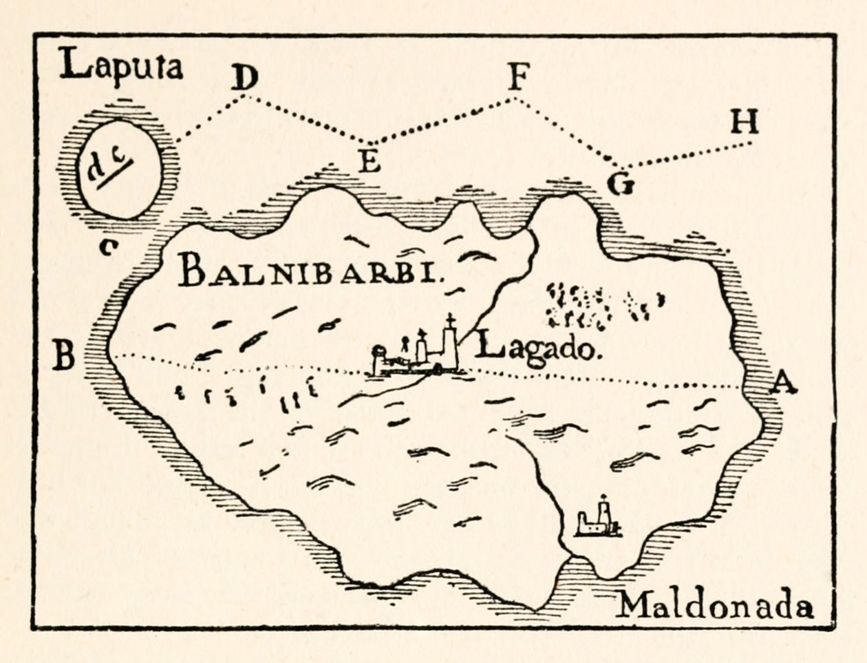 Laputa Haritası (sağ üstte uçan ada) ve Balnibarbi (Maldonado ana limanı) III. Bölümden: Gullivers Seyahatlerinde Laputa, Balnibarbi, Luggnagg, Glubbdubdrib ve Japonya