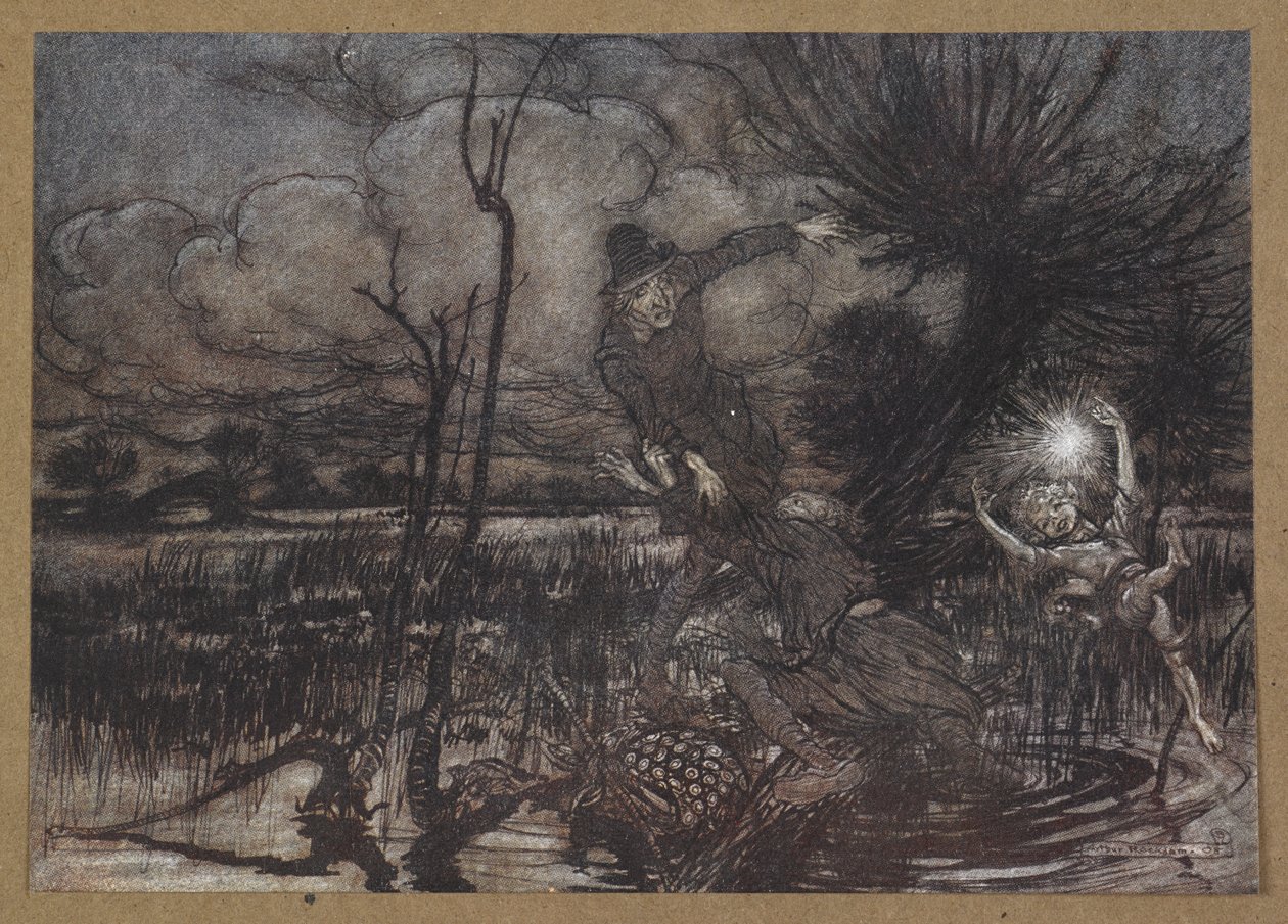 "Gece gezginlerini yanıltmak, zararlarına gülmek mi?" Bir Yaz Gecesi Rüyası'ndan bir sahne. by Arthur Rackham