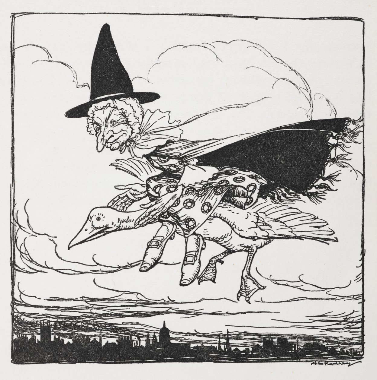 Bir kaz üzerinde uçan Anne Kaz. by Arthur Rackham