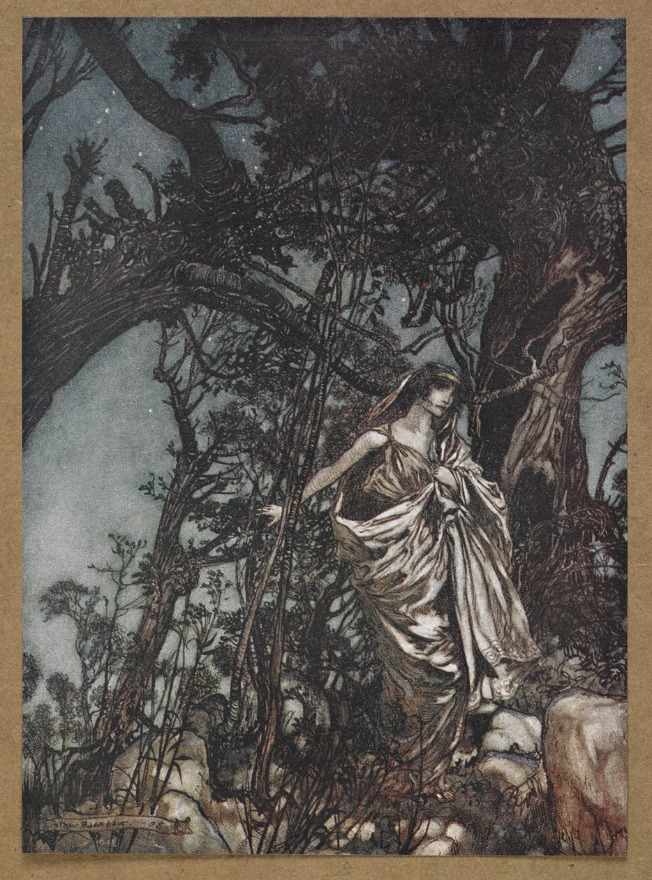 Asla bu kadar yorgun, asla bu kadar kederli olma'. Bir Yaz Gecesi Rüyası'ndan bir sahne. by Arthur Rackham