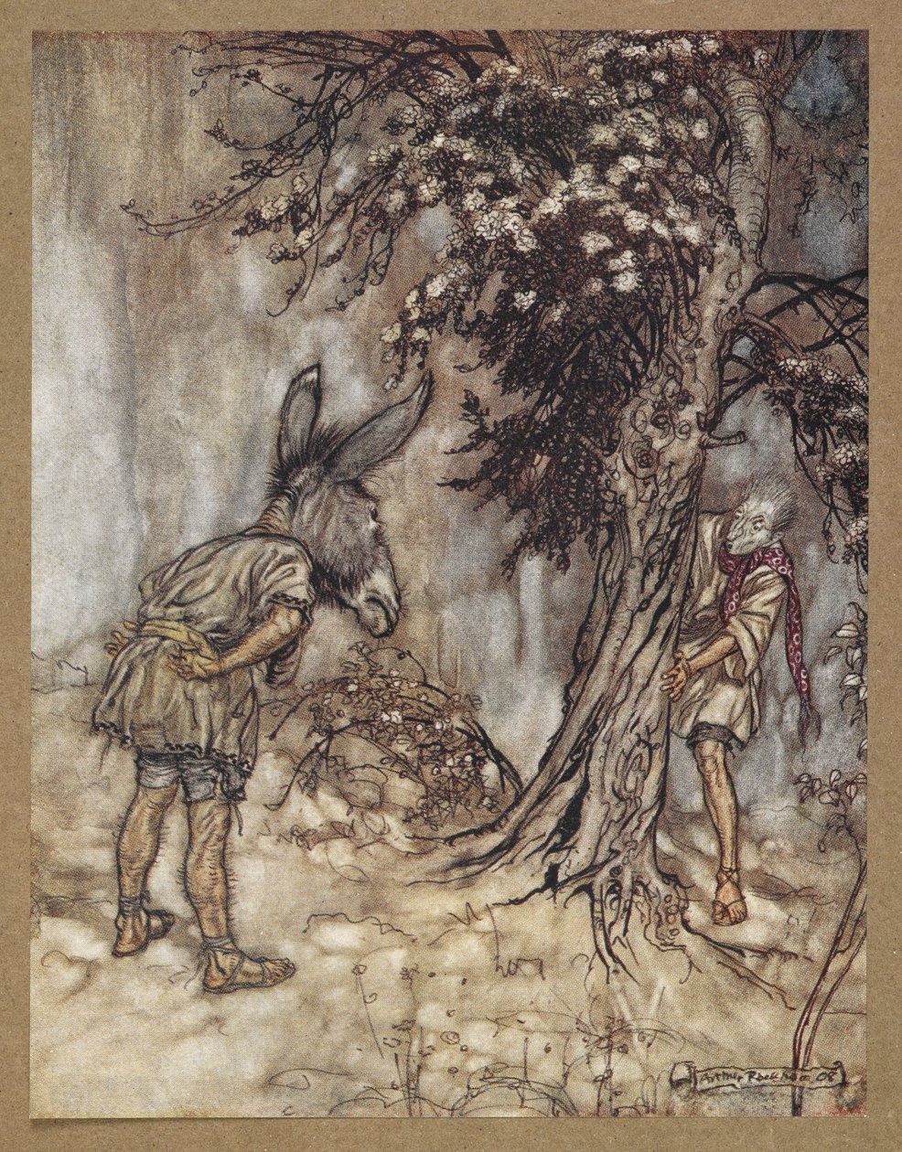 "Ey Bottom, sen değiştin." Bir Yaz Gecesi Rüyası'ndan bir sahne. by Arthur Rackham