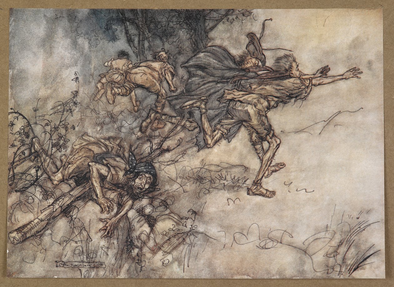 Ey canavar! Ey garip! Biz periliyiz. Dua edin ustalar! Uçun ustalar! Yardım! Bir Yaz Gecesi Rüyası'ndan bir sahne. by Arthur Rackham