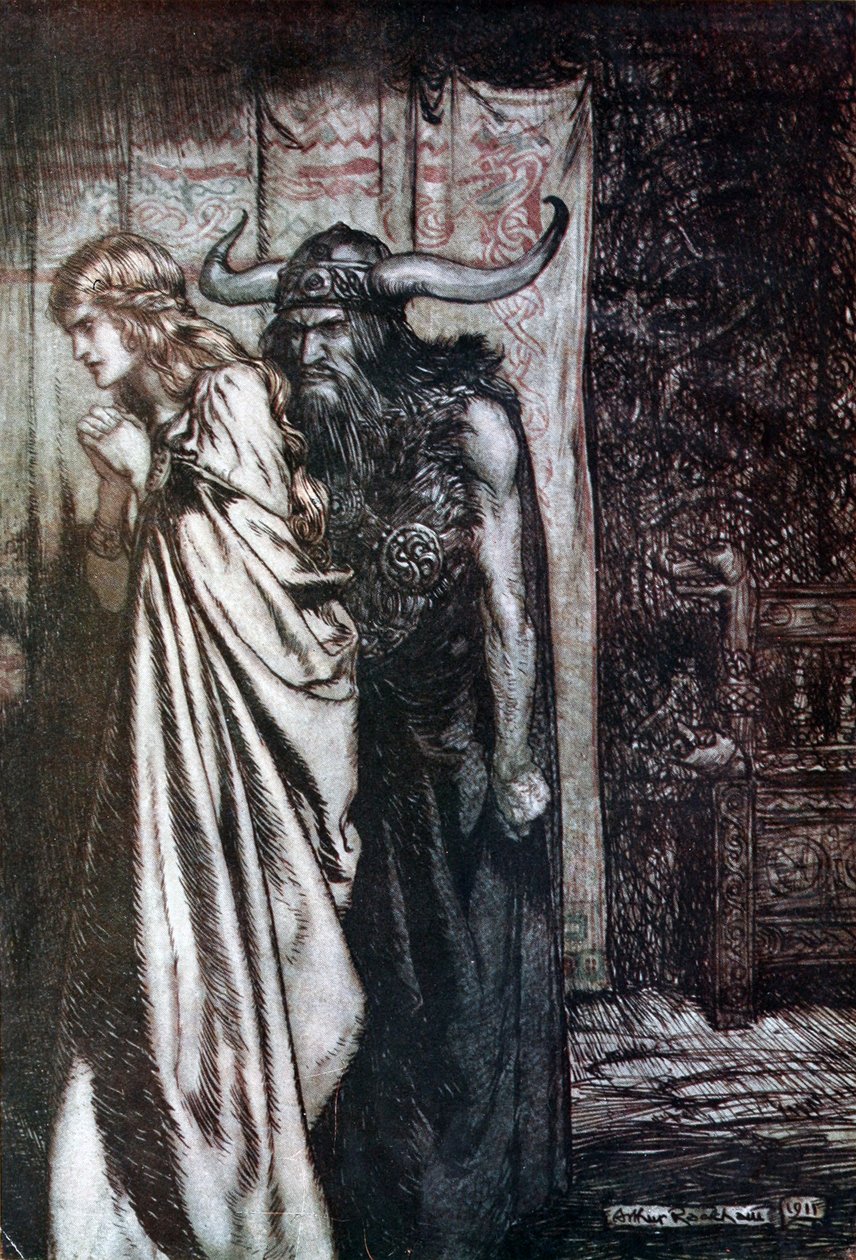 Ey ihanete uğrayan karım, güvenip aldananların intikamını alacağım! Siegfried ve Alacakaranlık için İllüstrasyon by Arthur Rackham