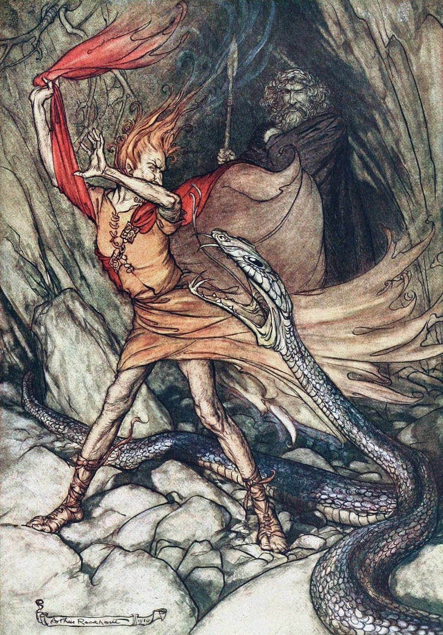Ah! Ah! Korkunç ejderha, oh, beni yutma! Rhinegold ve Valkyrie için İllüstrasyon by Arthur Rackham
