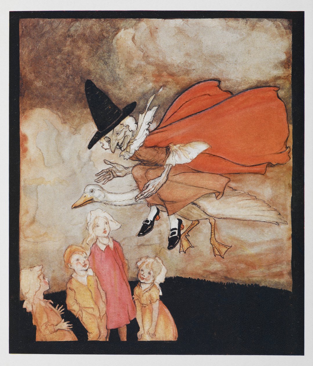 Yaşlı Anne Kaz, kırmızı pelerinli ve siyah şapkalı bazı çocukların üzerinden uçuyor. by Arthur Rackham