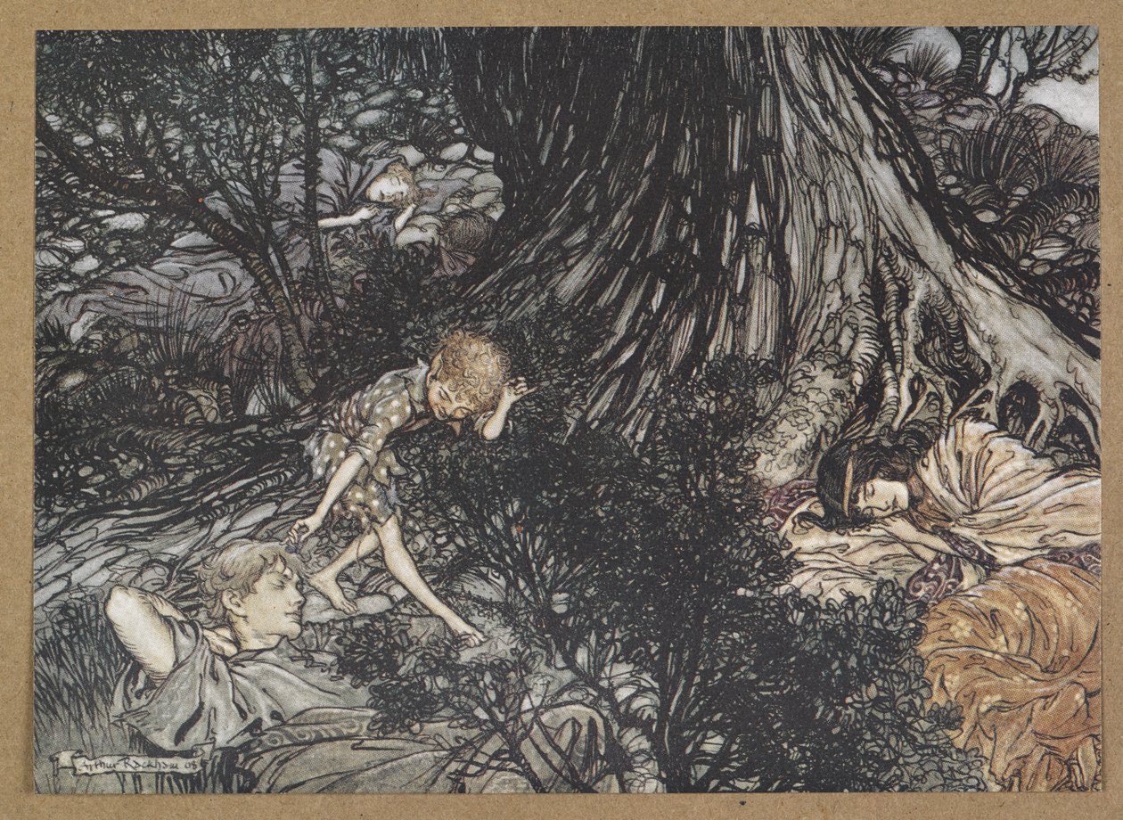 Yerde, uyku sesi: Gözüne süreceğim ey nazlı sevgili, çare'. Bir Yaz Gecesi Rüyası'ndan bir sahne. by Arthur Rackham