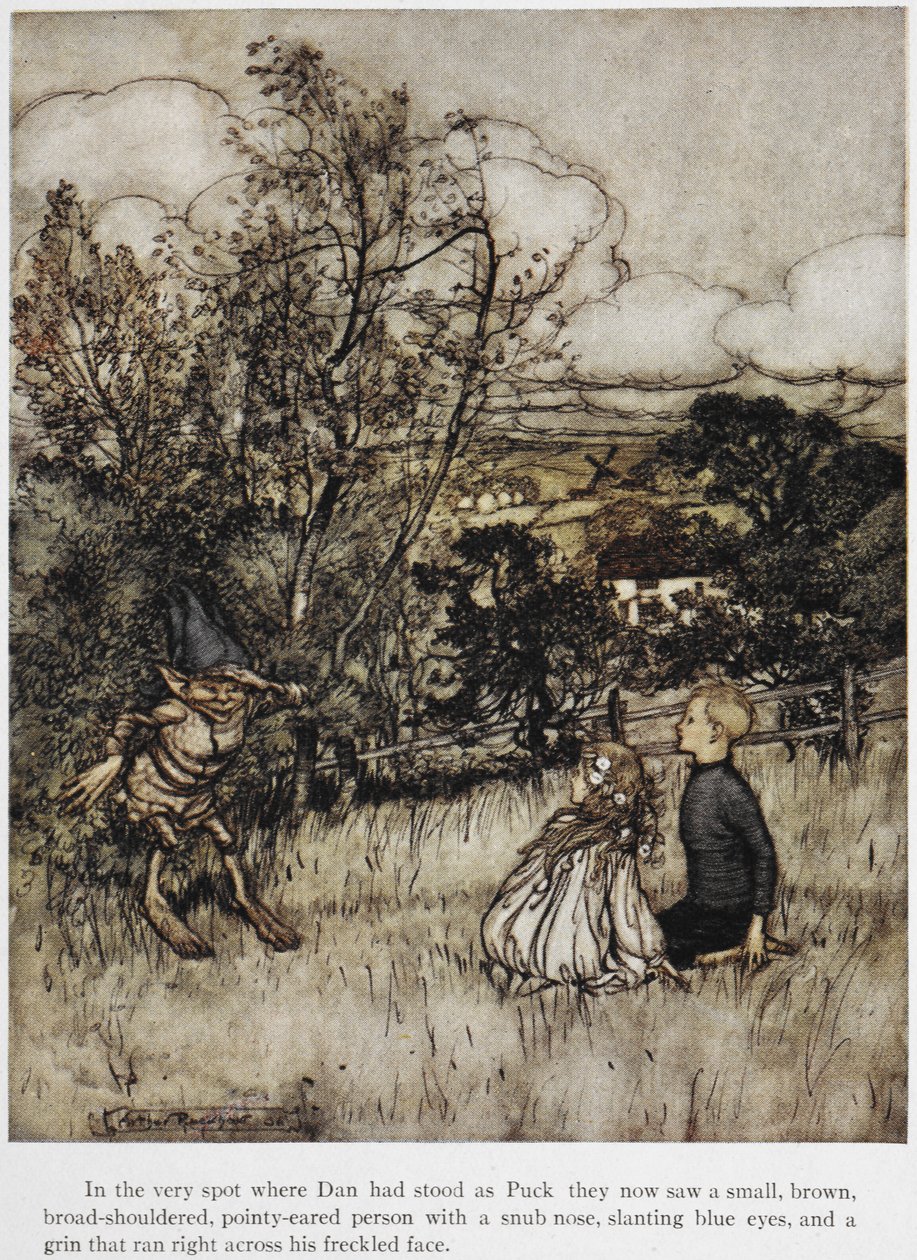 Puck, Dan ve Una'ya görünür. Sussex tepelerinde geçen bir hikaye. by Arthur Rackham