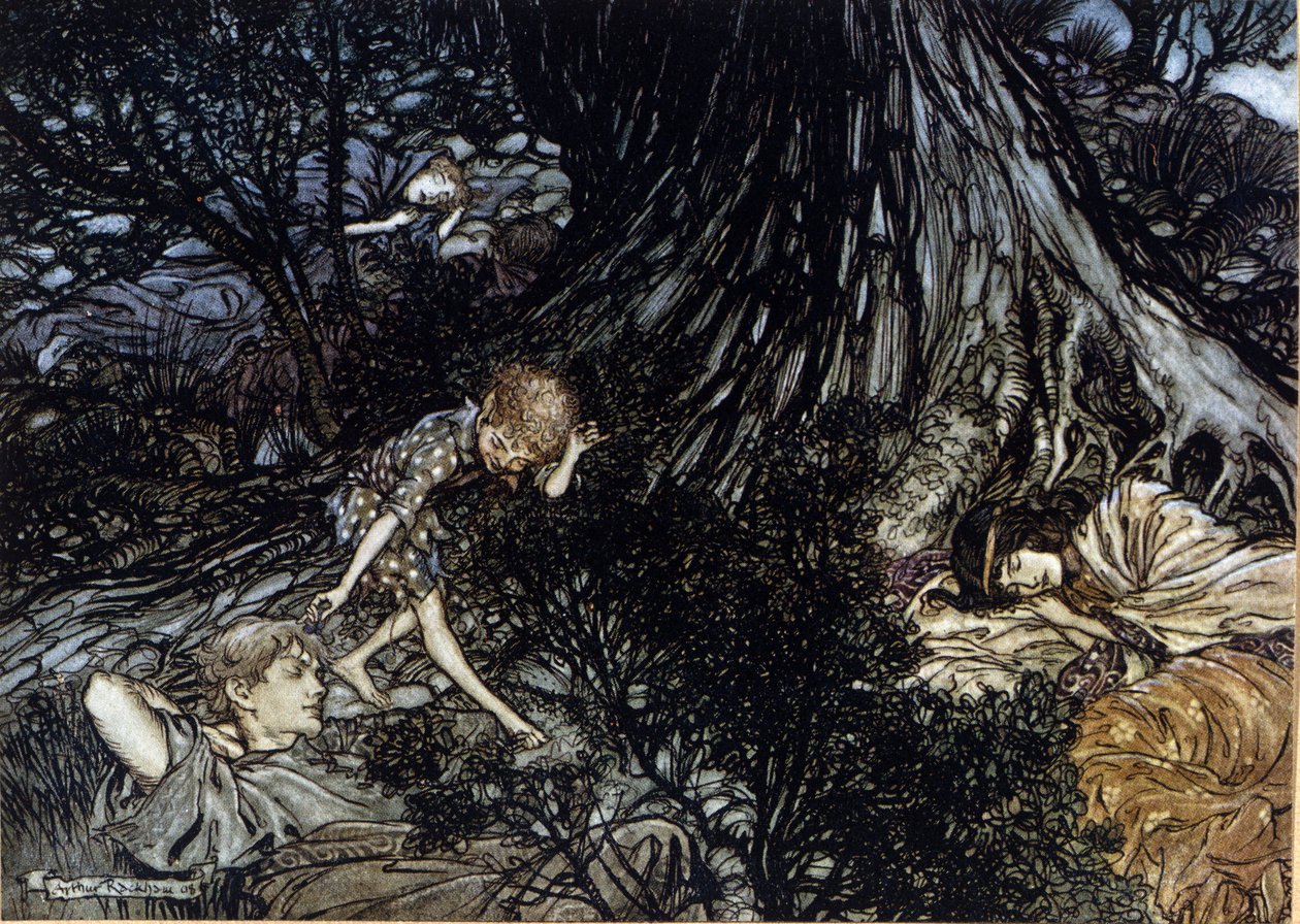Puck, uyuyan karakterlerin göz kapaklarına sihirli bir filtre koyuyor. William SHAKESPEARE