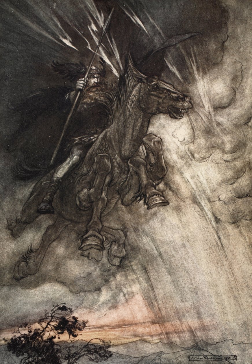 Azgın, Wotan Kayaya Yolculuk! Bir Fırtına rüzgarı gibi geliyor!, 'Rhinegold ve Valkyrie'nin ön yüzü by Arthur Rackham