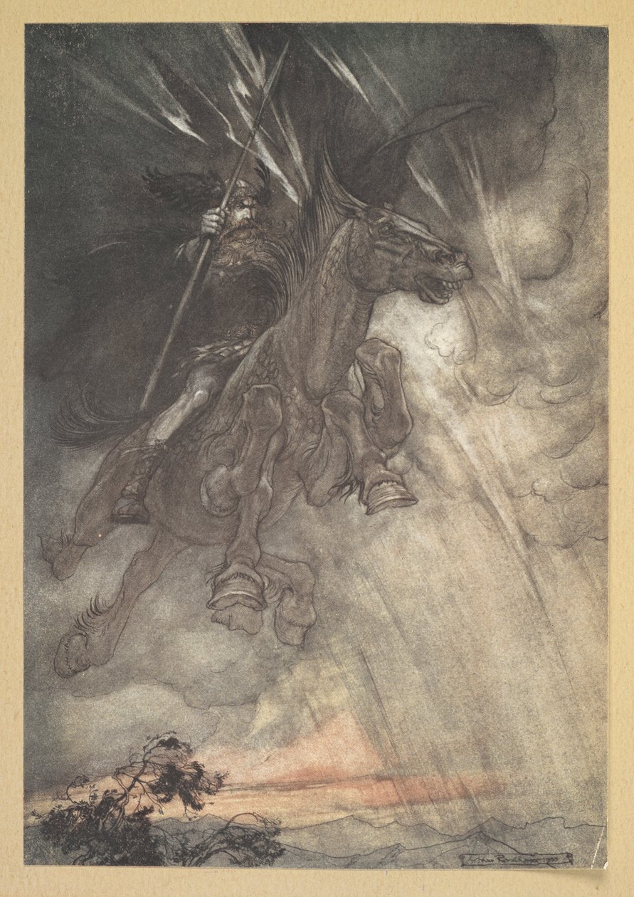"Öfkelenen Wotan, Rock'a doğru ilerliyor! Bir fırtına rüzgarı gibi geliyor!" by Arthur Rackham