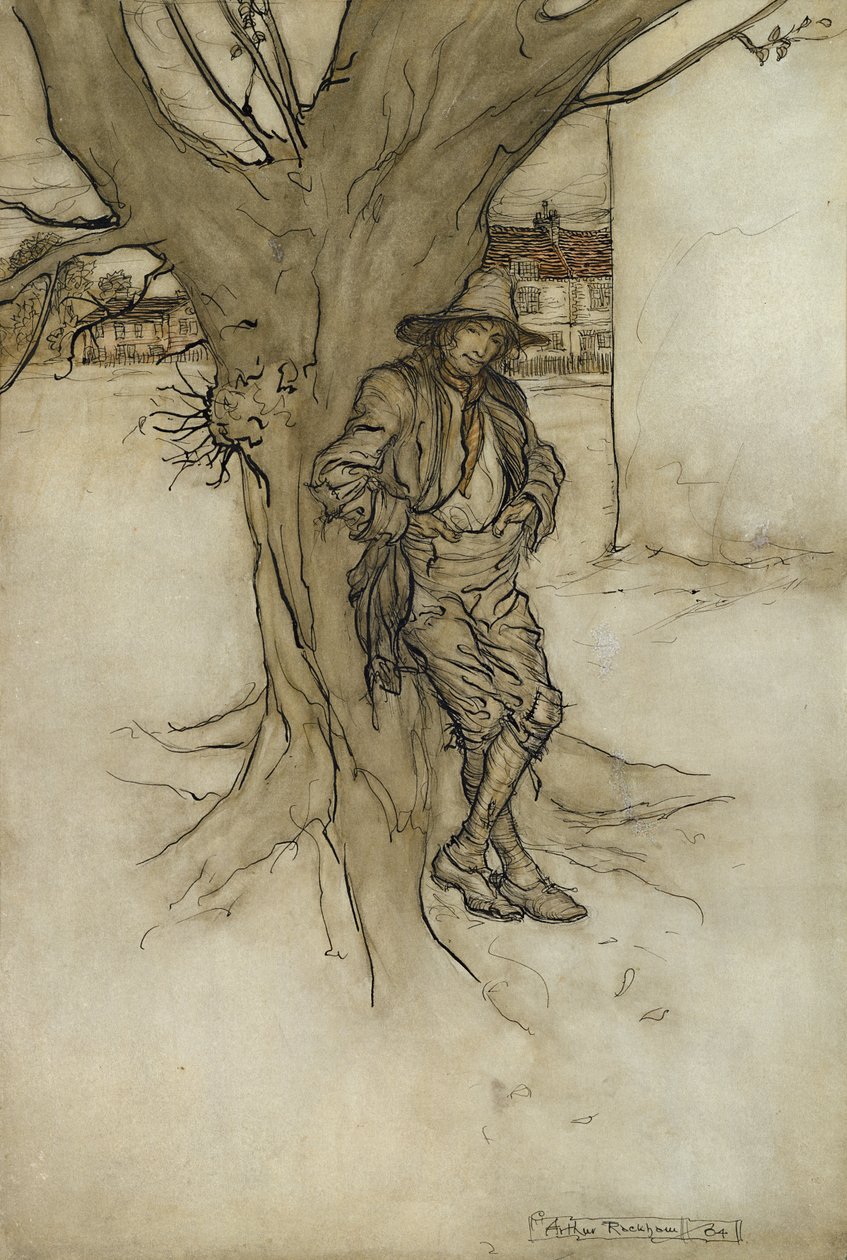 Rips oğlu, kendisinin tam bir muadili, dağa çıkarken, 1904 (kağıt üzerinde kalem ve mürekkeple tuvalet) by Arthur Rackham