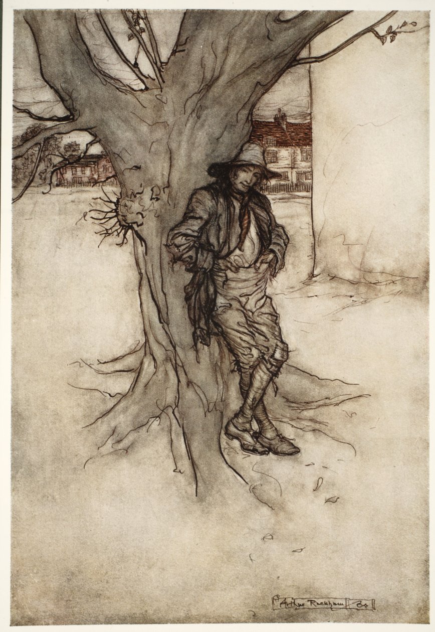 Rips oğlu, dağa çıkarken kendisinin tam bir muadili., Washington Irving tarafından Rip Van Winkle, pub. 1910 by Arthur Rackham