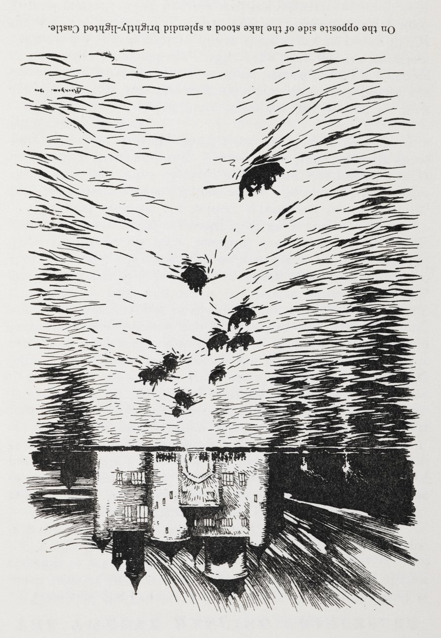 Geceleri bir kaleye yaklaşan bir nehirde kürekli tekneler. by Arthur Rackham