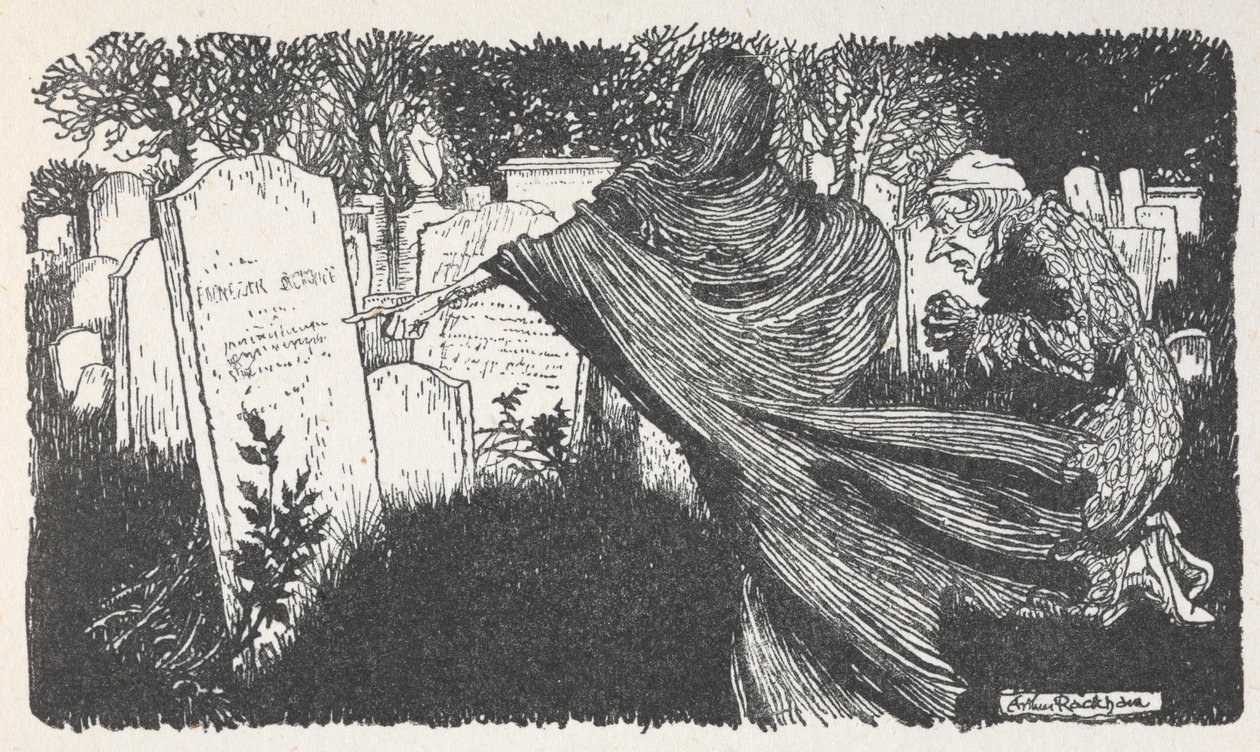 Geceleri bir mezarlıkta Scrooge ve bir hayalet. by Arthur Rackham