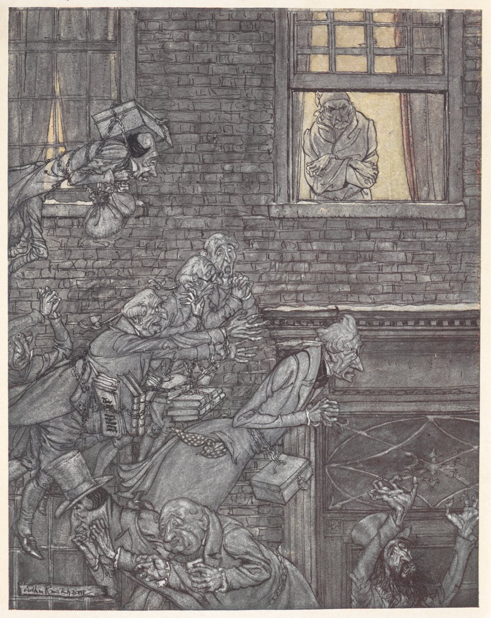 Scrooge penceresinden aşağıdaki sokaktaki hayaletleri izliyor by Arthur Rackham