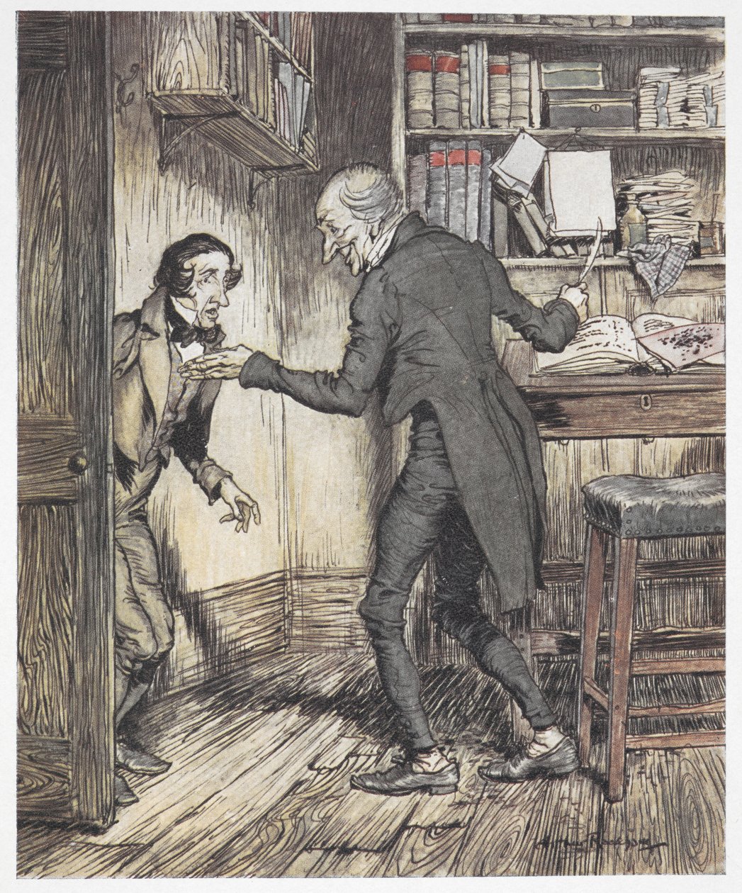 Başka bir adam girerken Scrooge ofisinde yazıyor by Arthur Rackham