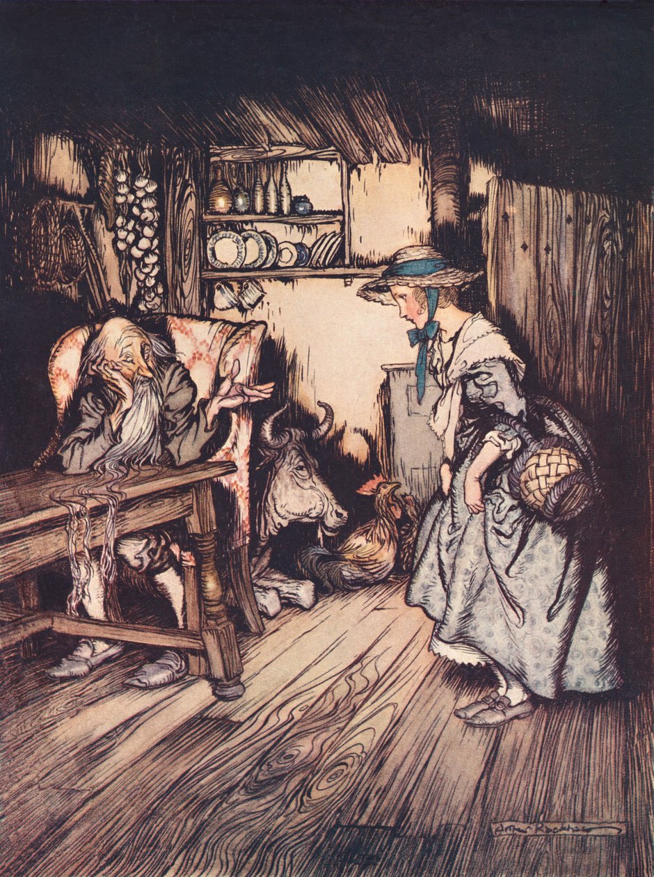 Geceyi orada geçirmesine izin verilmesi için oldukça tatlı bir şekilde yalvardı. 19. yüzyılın sonlarında yayınlanan Grimm's Fairy Tale, The Hut in the Forest'tan Arthur Rackham'ın çizimi. by Arthur Rackham