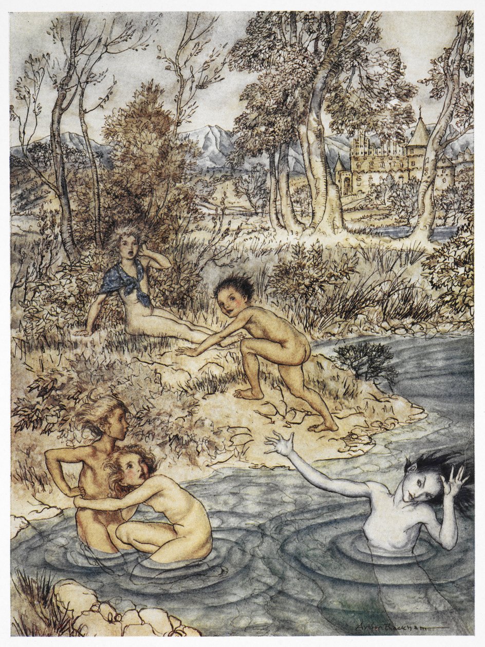 "Bir sürü küçük çocuğa rastladı". 'Küçük deniz kızı' hikayesi için renkli illüstrasyon. by Arthur Rackham