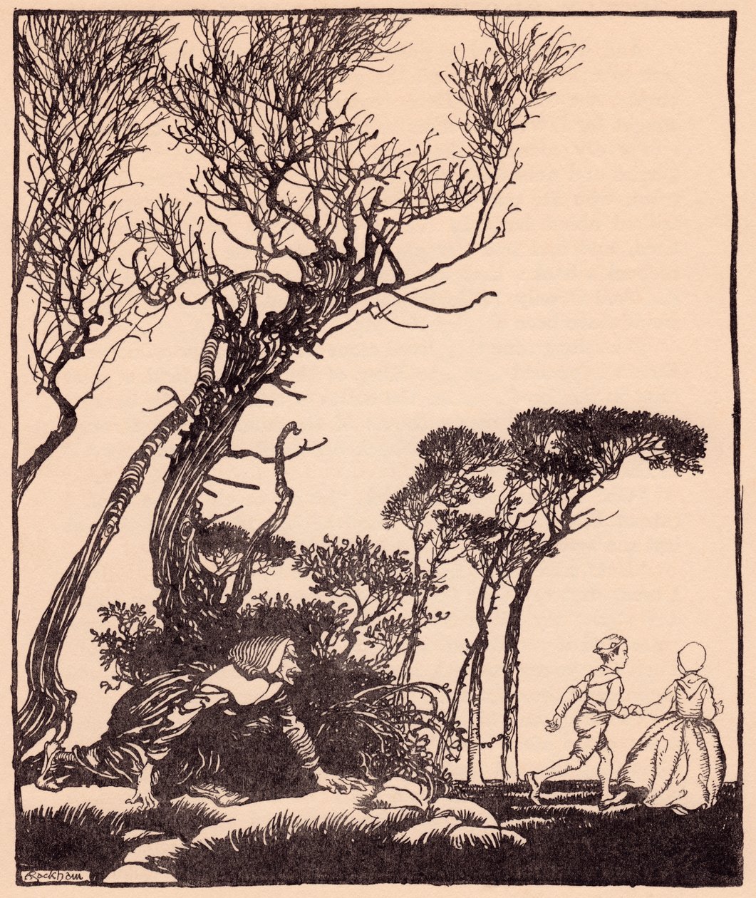 Cadıların süründüğü gibi, gizlice peşlerinden süzüldü. Grimm's Fairy Tale Little Brother and Little Sister'dan Arthur Rackham'ın illüstrasyonu. by Arthur Rackham