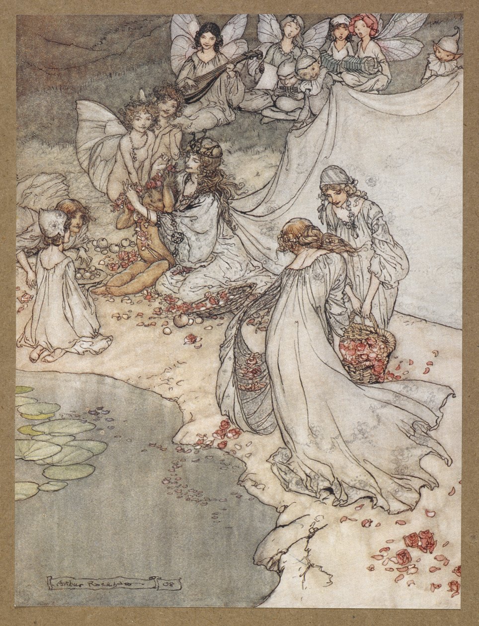Hiç bu kadar tatlı bir şekil değiştirmesi olmamıştı'. Peri şarkıları. Bir Yaz Gecesi Rüyası'ndan bir sahne. by Arthur Rackham