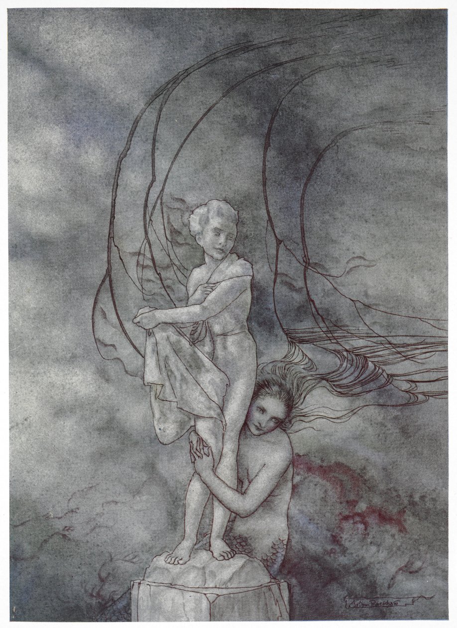"Kollarını prense çok benzeyen mermer figürün etrafına doladı". 'Küçük deniz kızı' hikayesi için illüstrasyon. by Arthur Rackham