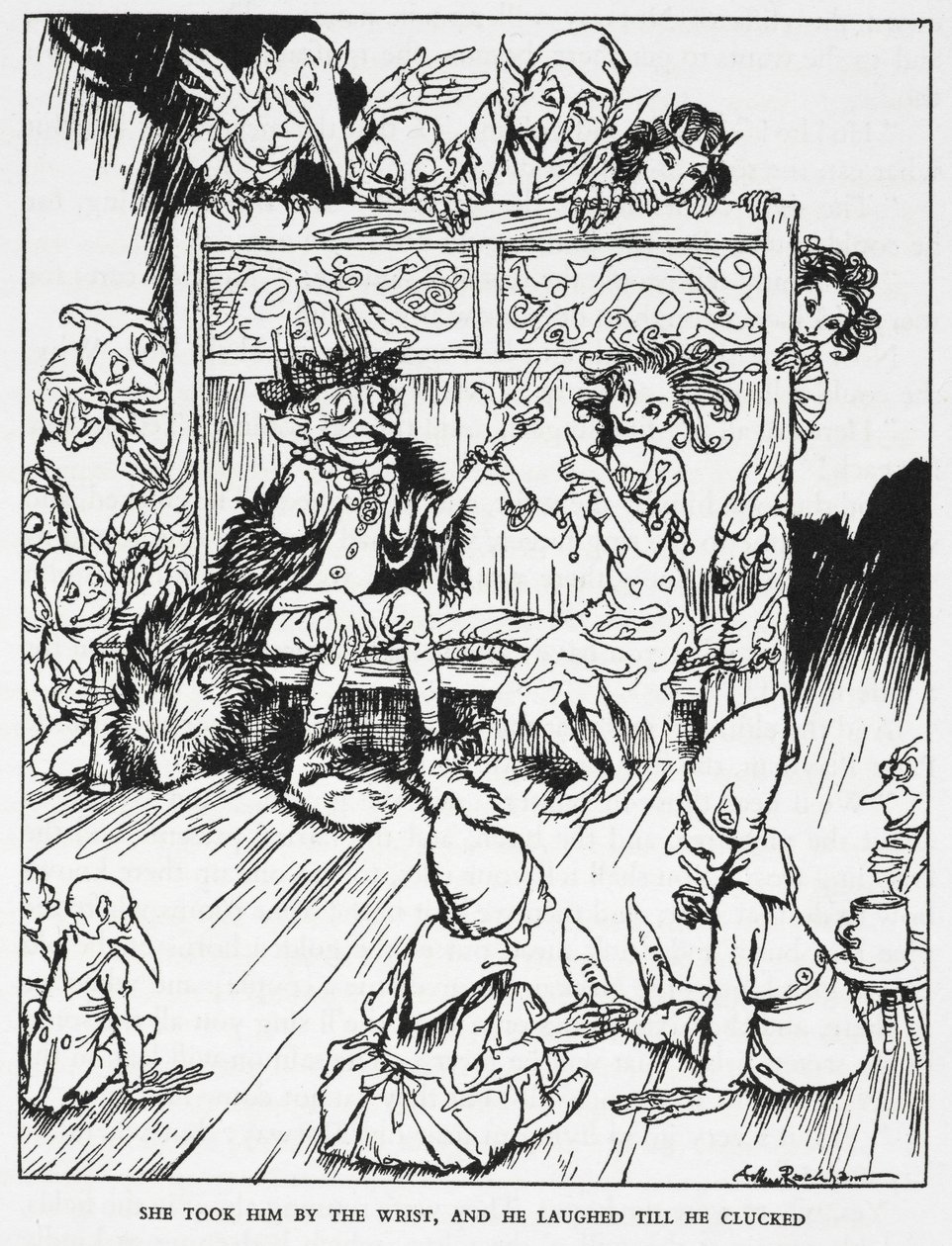 "Onu bileğinden tuttu ve gıcırdayana kadar güldü". Elfin bakireleri ve goblinler. 'Cin tepesi' için resim. by Arthur Rackham