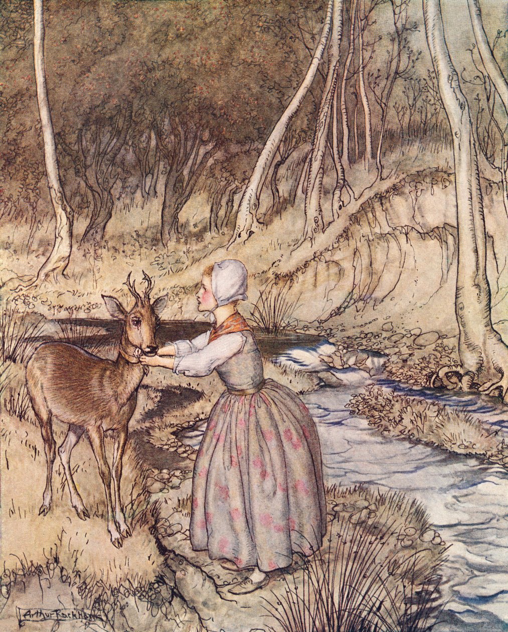Altın jartiyerini çıkarıp Karaca'nın boynuna geçirdi. 19. yüzyılın sonlarında yayınlanan Grimm's Fairy Tale, Little Brother and Little Sister'dan Arthur Rackham'ın illüstrasyonu. by Arthur Rackham
