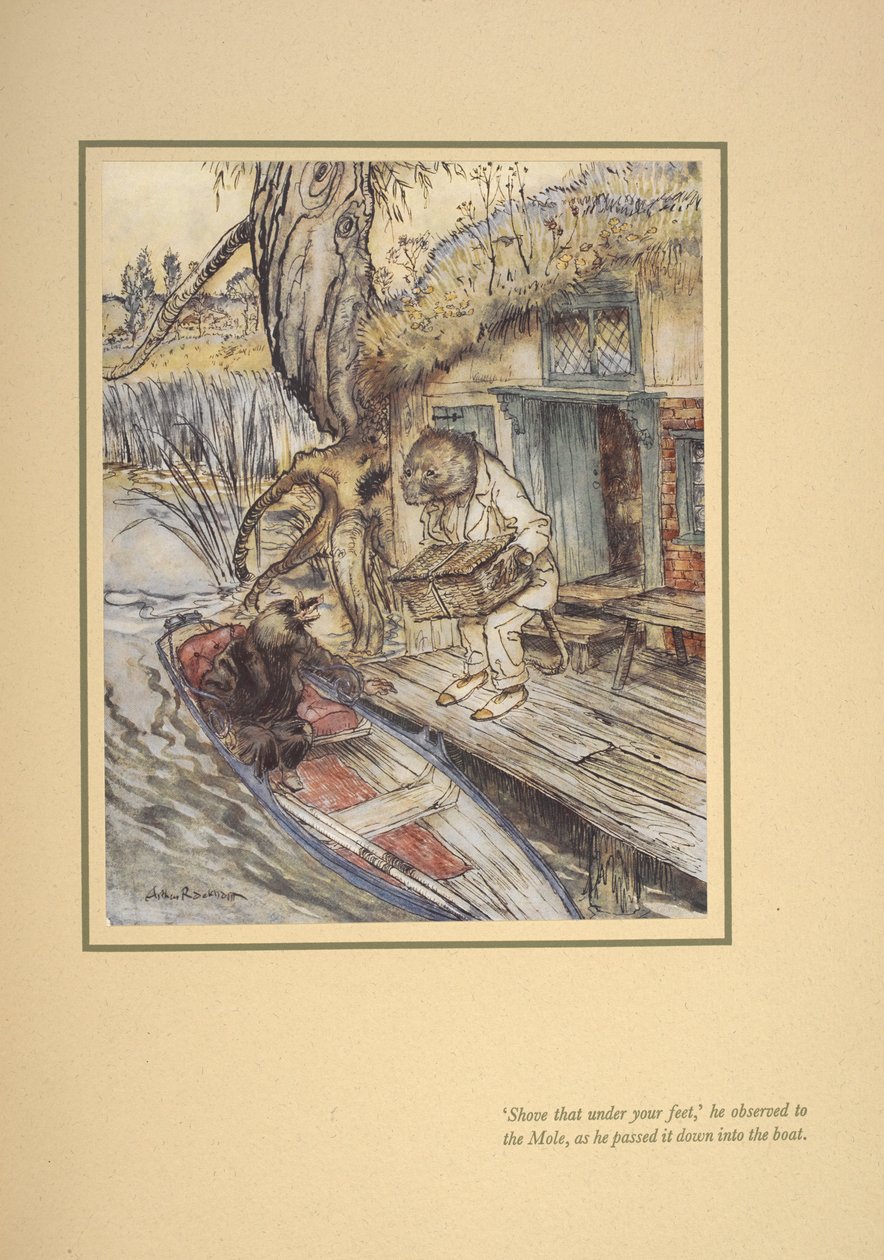 "Şunu ayağının altına sok", (Ratty) köstebeği tekneye verirken gözlemledi. by Arthur Rackham