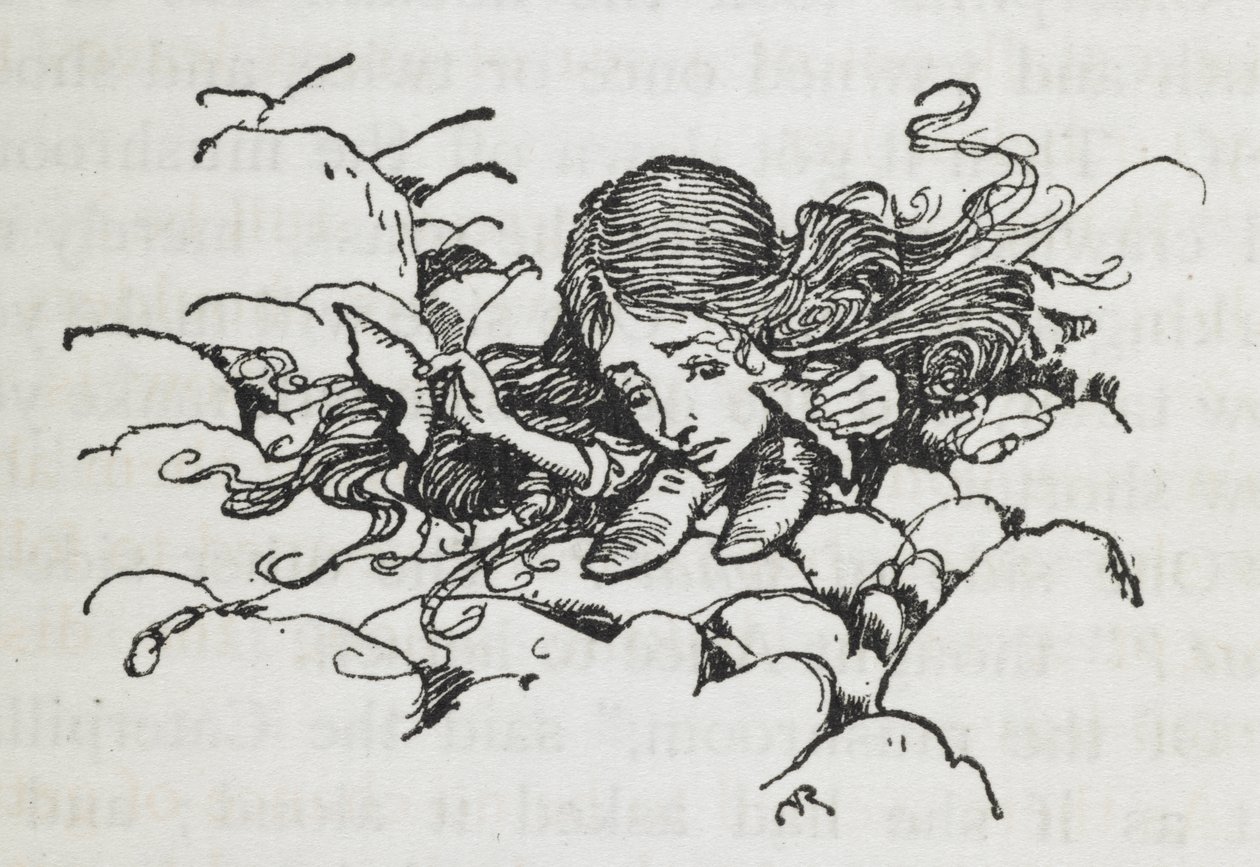 Tırtıl mantarından biraz yedikten sonra küçülen Alice by Arthur Rackham