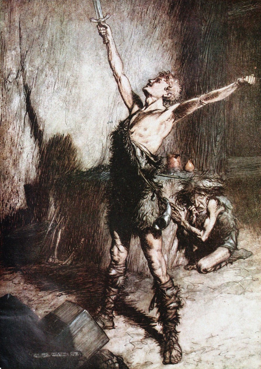 Siegfried kılıcını dövüyor. Richard Wag tarafından Siegfried ve Tanrıların Alacakaranlığı için İllüstrasyon by Arthur Rackham