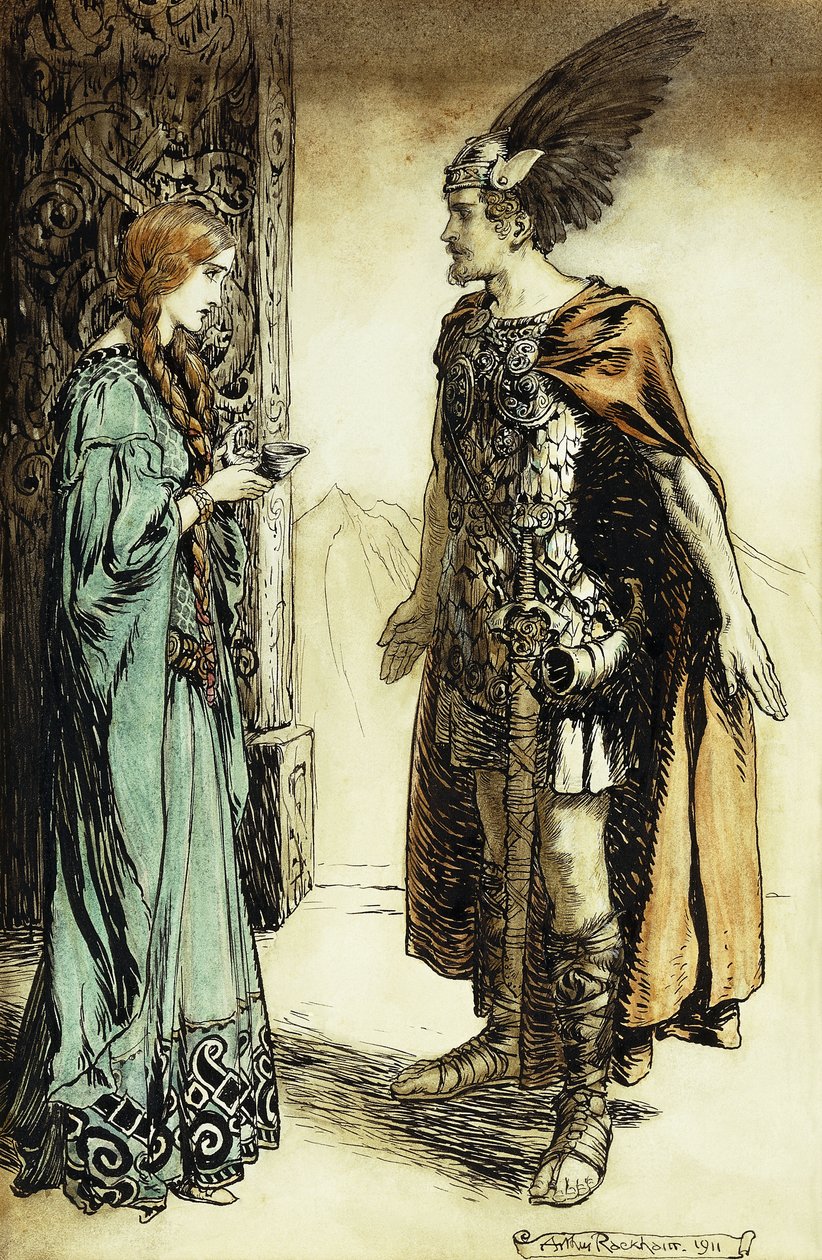 Siegfried, Gutrune ile tanışır: Tanrıların Alacakaranlığı, 1911 by Arthur Rackham