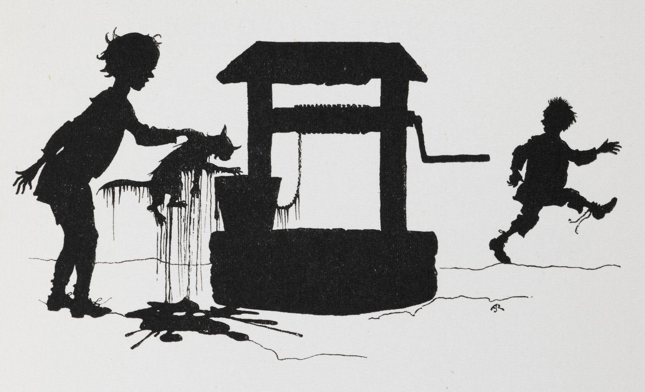 Kuyudan kedi çeken bir çocuğun silueti. by Arthur Rackham