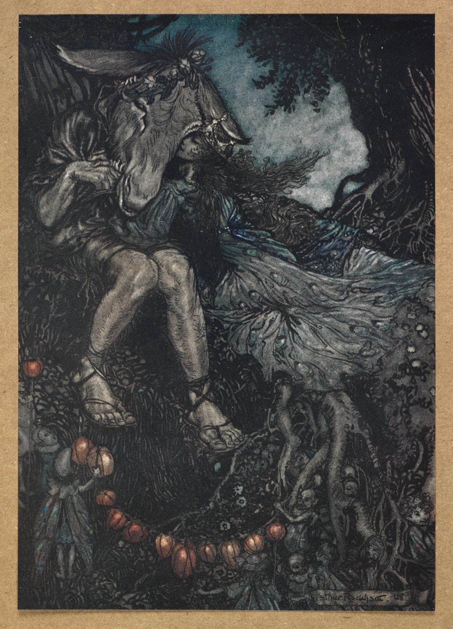 Sen uyu, ben de seni kollarıma alacağım'. Alt ve Titania. Bir Yaz Gecesi Rüyası'ndan bir sahne. by Arthur Rackham