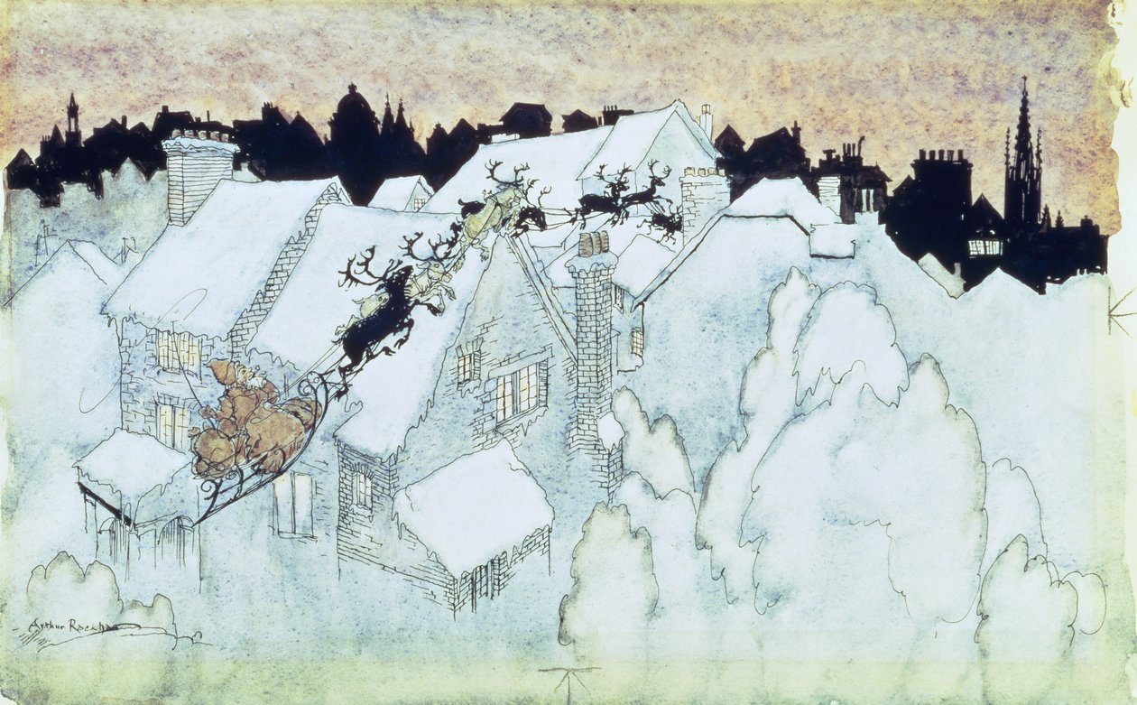 "Öyleyse Uçtukları Yolcular Evin Tepesine Kadar", "Noelden Bir Gece Öncesi" pubının illüstrasyonu. 1931 by Arthur Rackham