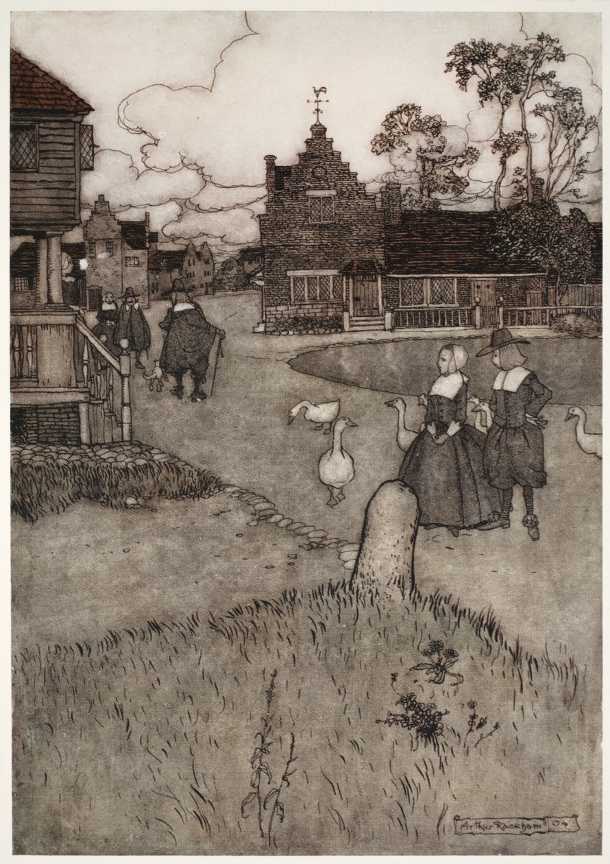 Orijinal yerleşimcilerin evlerinden bazıları, Washington Irving tarafından Rip Van Winkle, pub. 1910 by Arthur Rackham