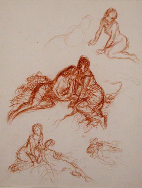 Çimlerde oturan kızların çalışmaları (kağıt üzerinde iyimser) by Arthur Rackham