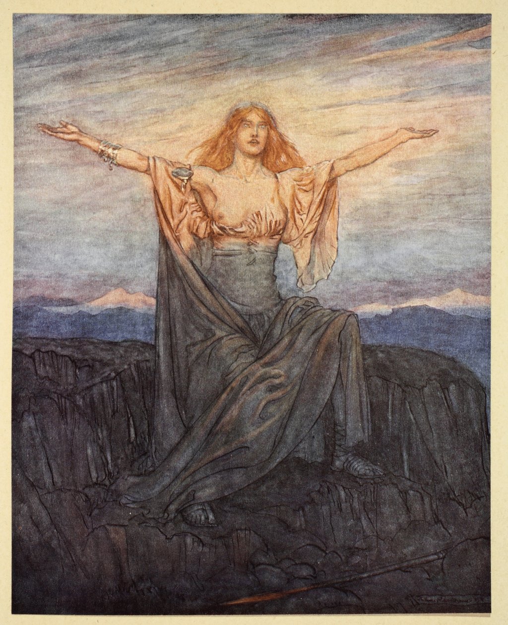'Güneş, seni selamlıyorum! Selam ey ışık! Selam, Ey şanlı gün!', 'Siegfried ve Tanrıların Alacakaranlığı'ndan bir örnek, 1924 by Arthur Rackham