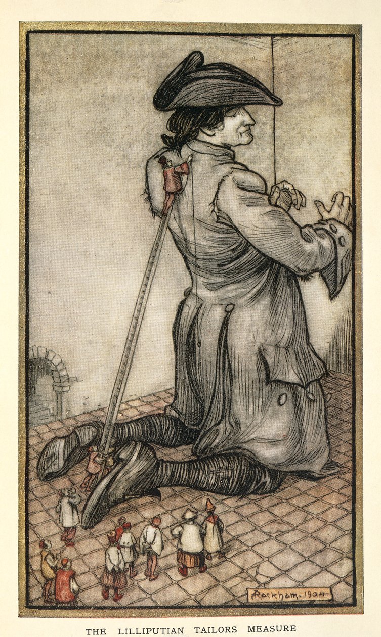 Gulliver'i ölçen Lilliput Terzileri, Jonathan Swift'in Gulliver's Travels adlı eserinden, Arthur Rackham'ın çizimi by Arthur Rackham
